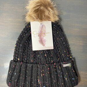 Jessica Simpson Black Confetti Knit Pom Beanie – NWT – Faux Fur Pom